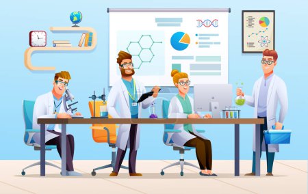 Illustration for Group of scientists conducting experiments in science laboratory. Scientific research concept. Vector cartoon illustration - Royalty Free Image