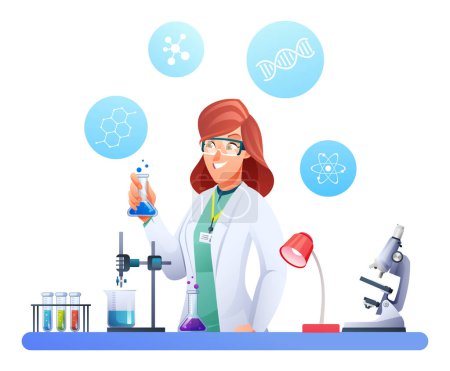 Illustration for Female scientist conducting experiments in science laboratory. Vector illustration - Royalty Free Image