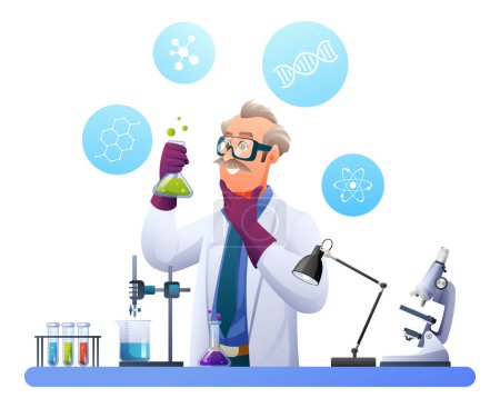 Illustration for Scientist professor conducting experiments in science laboratory. Scientific research concept. Vector cartoon illustration - Royalty Free Image