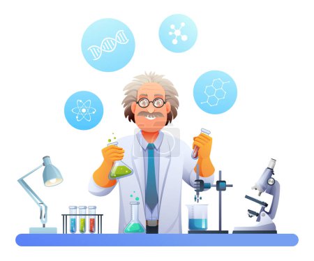 Scientist professor conducting experiments in science laboratory. Scientific research concept. Vector illustration