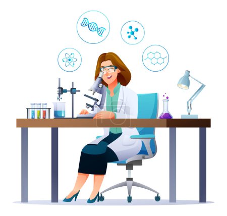 Illustration for Woman scientist doing scientific research in laboratory. Conducting science experiments. Vector cartoon illustration - Royalty Free Image
