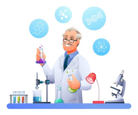 Illustration for Senior scientist professor conducting experiments in science laboratory. Vector illustration - Royalty Free Image
