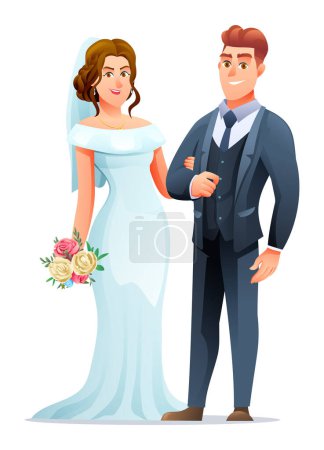 Illustration for Wedding couple character of man and woman just married. Happy bridegroom in wedding dress with bouquet - Royalty Free Image