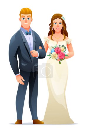 Ilustración de Pareja de boda personaje de hombre y mujer recién casados. Novio feliz en vestido de novia con ramo de rosas - Imagen libre de derechos