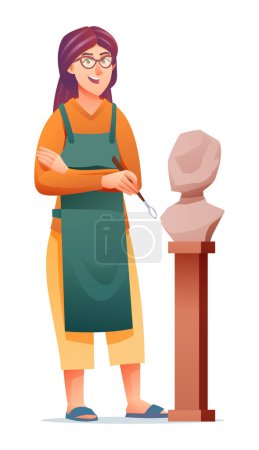 Illustration for Woman sculptor making sculpture with sculpting tool. Vector cartoon illustration - Royalty Free Image