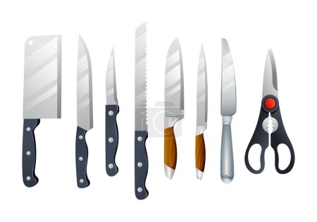Téléchargez les illustrations : Ensemble de couteaux de cuisine et ciseaux. Illustration vectorielle d'ustensiles isolés sur blanc - en licence libre de droit