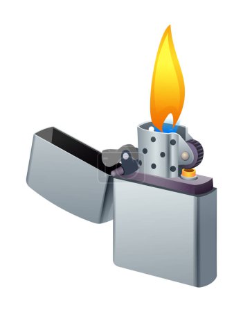 Téléchargez les illustrations : Briquet métallique avec illustration vectorielle de flamme brûlante isolé sur fond blanc - en licence libre de droit