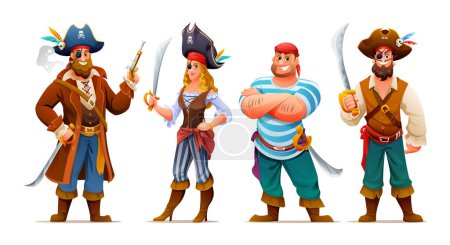 Ilustración de Conjunto de piratas masculinos y femeninos con armas. Dibujos animados carácter ilustración - Imagen libre de derechos
