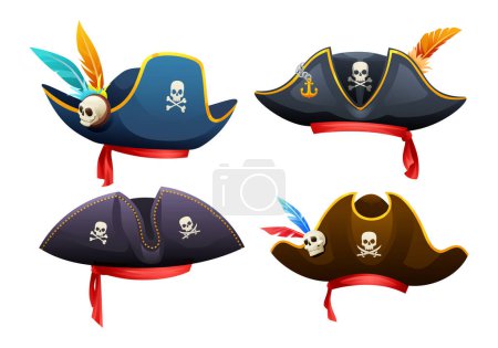 Illustration for Collection of pirate hats with skull, crossbones and feathers cartoon illustration - Royalty Free Image