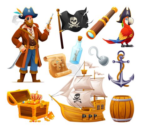 Illustration for Set of pirate character, flag, parrot, treasure chest and ship. Pirate elements vector cartoon illustration - Royalty Free Image