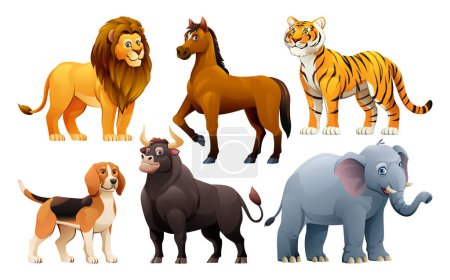 Téléchargez les illustrations : Ensemble d'animaux vecteur dessin animé illustration. Lion, cheval, tigre, chien, taureau et éléphant - en licence libre de droit