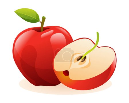 Téléchargez les illustrations : Pommes rouges entières et demi coupées. Illustration vectorielle de fruits isolée sur fond blanc - en licence libre de droit