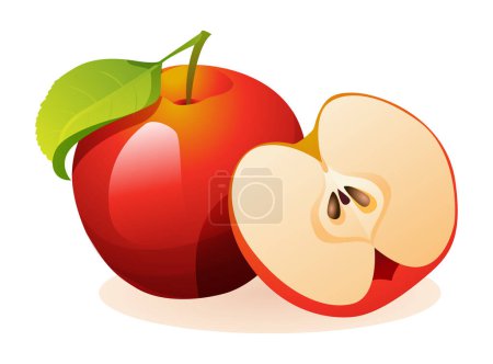 Téléchargez les illustrations : Pommes fraîches entières et coupées en deux. Illustration vectorielle isolée sur fond blanc - en licence libre de droit
