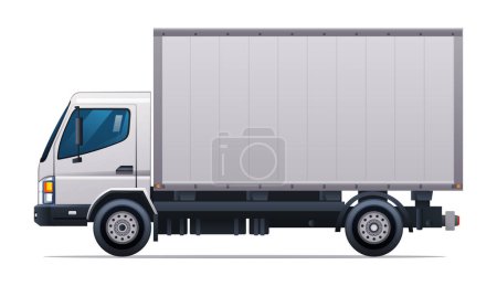 Téléchargez les illustrations : Illustration vectorielle de camion boîte. Camion de livraison de fret vue de côté isolé sur fond blanc - en licence libre de droit