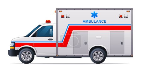 Ilustración de Ilustración de vector de coche de emergencia de ambulancia. Vista lateral del vehículo médico aislada sobre fondo blanco - Imagen libre de derechos