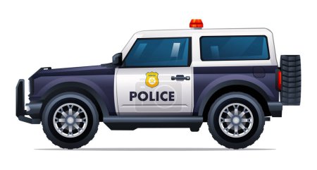 Téléchargez les illustrations : Illustration vectorielle de vue de côté de voiture de police. Véhicule officiel de patrouille, 4x4 4v voiture isolée sur fond blanc - en licence libre de droit
