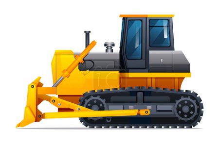 Téléchargez les illustrations : Illustration vectorielle de vue latérale du bulldozer. Véhicule de construction de machinerie lourde isolé sur fond blanc - en licence libre de droit