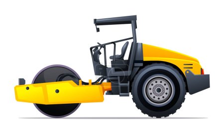 Illustration for Steamroller compactor side view vector illustration. Heavy machinery construction vehicle isolated on white background - Royalty Free Image