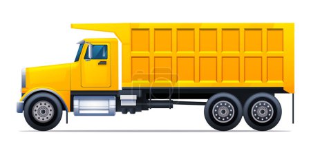 Illustration for Dump truck side view vector cartoon illustration. Heavy machinery construction vehicle isolated on white background - Royalty Free Image