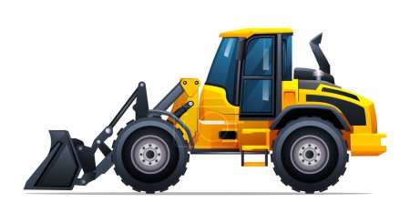 Illustration for Wheel loader side view vector illustration. Heavy machinery construction vehicle isolated on white background - Royalty Free Image