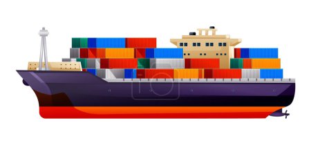 Téléchargez les illustrations : Navire cargo avec illustration vectorielle des conteneurs. Expédition transport de fret isolé sur fond blanc - en licence libre de droit