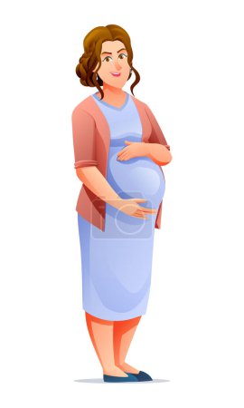 Téléchargez les illustrations : Heureuse femme enceinte serrant son ventre. Illustration vectorielle de dessin animé - en licence libre de droit