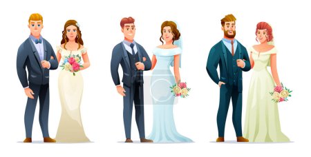 Illustration for Set of wedding couple bride and groom characters. Vector cartoon illustration - Royalty Free Image