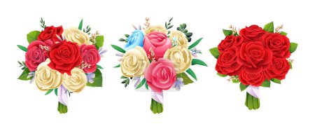 Illustration for Set of beautiful rose bouquets isolated on white background. Vector illustration of bridal bouquet - Royalty Free Image