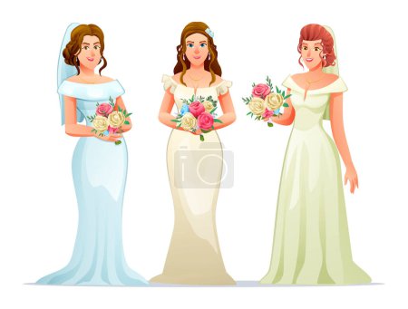 Illustration for Set of bride characters holding bouquet. Vector cartoon illustration - Royalty Free Image