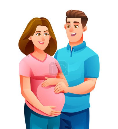 Téléchargez les illustrations : Heureuse femme enceinte embrassant son ventre avec son mari, attendant un bébé. Illustration vectorielle de personnage de dessin animé - en licence libre de droit