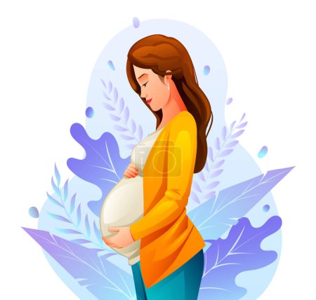Illustration for Pregnant woman hugging her belly with natural leaves background. Pregnancy concept vector cartoon illustration - Royalty Free Image