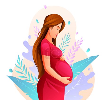 Téléchargez les illustrations : Femme enceinte étreignant son ventre avec la nature laisse fond. Illustration vectorielle de dessin animé - en licence libre de droit