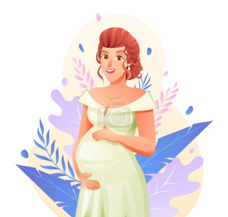 Illustration for Pregnant woman hugging her belly on natural background with leaves. Pregnancy concept vector cartoon illustration - Royalty Free Image
