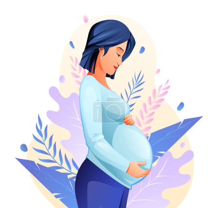 Illustration for Pregnant woman hugging her belly on natural background with leaves. Vector cartoon illustration - Royalty Free Image