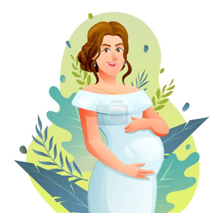 Illustration for Happy pregnant woman hugging her belly on natural background with leaves. Vector cartoon illustration - Royalty Free Image