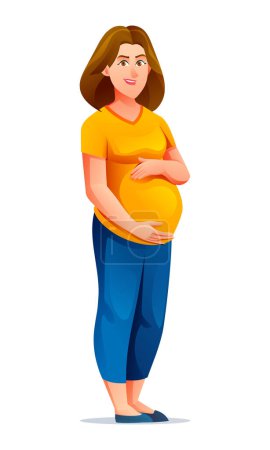 Illustration for Happy pregnant woman hugging her belly. Vector cartoon illustration isolated on white background - Royalty Free Image