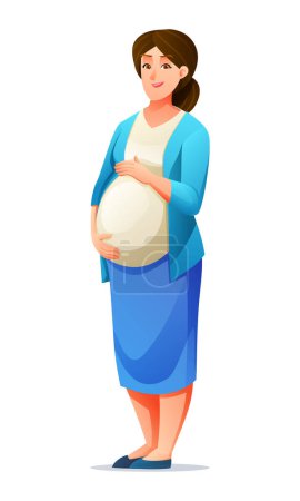 Illustration for Happy pregnant woman holding her belly. Vector cartoon illustration isolated on white background - Royalty Free Image