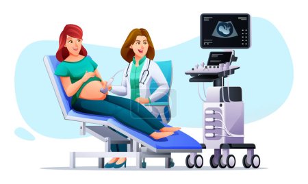 Téléchargez les illustrations : Les femmes enceintes ont une échographie à la clinique. Examen médical régulier de grossesse avec un médecin. Illustration vectorielle de personnage de dessin animé - en licence libre de droit
