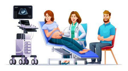 Illustration for Pregnant woman have ultrasound in clinic. Couple doing consultation and regular check up pregnancy with doctor. Vector cartoon character illustration - Royalty Free Image