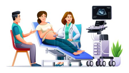 Illustration for Pregnant woman have ultrasound in clinic. Couple doing regular medical check up pregnancy with doctor. Vector cartoon character illustration - Royalty Free Image