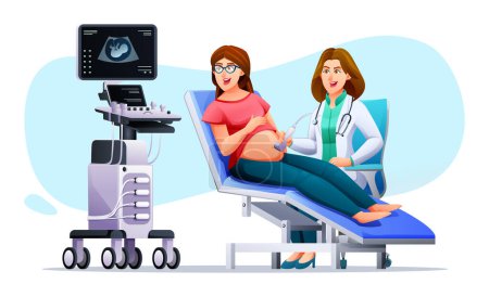 Téléchargez les illustrations : Les femmes enceintes ont une échographie à la clinique. Consultation et contrôle de la grossesse avec un médecin. Illustration vectorielle de personnage de dessin animé - en licence libre de droit