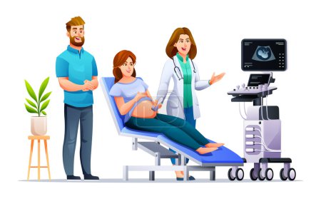 Illustration for Pregnant woman have ultrasound in clinic. Couple doing consultation and check up pregnancy with doctor. Vector cartoon character illustration - Royalty Free Image