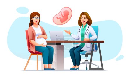 Illustration for Pregnant woman consult pregnancy with doctor. Consultation and check up during pregnancy concept. Vector cartoon character illustration - Royalty Free Image