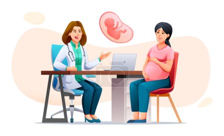 Illustration for Doctor takes pregnant patient in clinic. Consultation and check up during pregnancy concept. Vector cartoon character illustration - Royalty Free Image