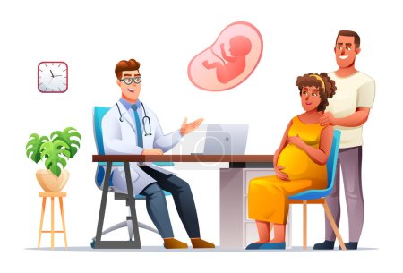 Illustration for Doctor explains about pregnancy to pregnant woman and her husband. Consultation and check up pregnancy concept. Vector cartoon character illustration - Royalty Free Image