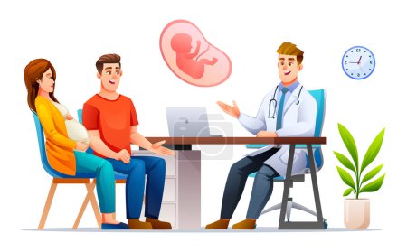 Illustration for Man and woman couples consult pregnancy with doctor. Consultation and check up during pregnancy concept illustration. Vector cartoon character - Royalty Free Image