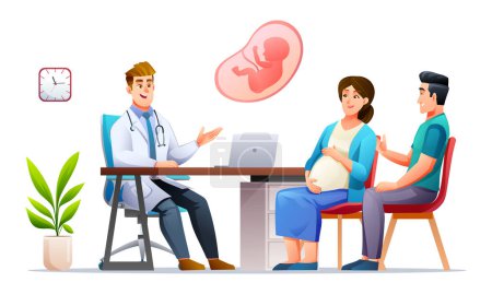 Illustration for Doctor explains about pregnancy to pregnant woman and her husband. Consultation and check up during pregnancy concept. Vector cartoon character illustration - Royalty Free Image
