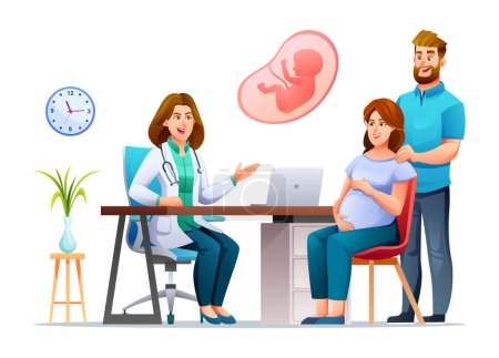 Illustration for Doctor explains about pregnancy to pregnant woman and her husband. Consultation and check up during pregnancy concept illustration. Vector cartoon character - Royalty Free Image