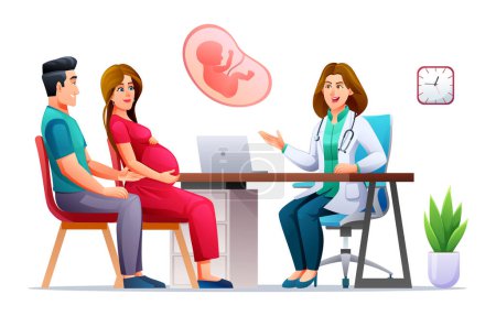 Illustration for Man and woman couples consult pregnancy with doctor. Consultation and check up during pregnancy concept. Vector cartoon character illustration - Royalty Free Image