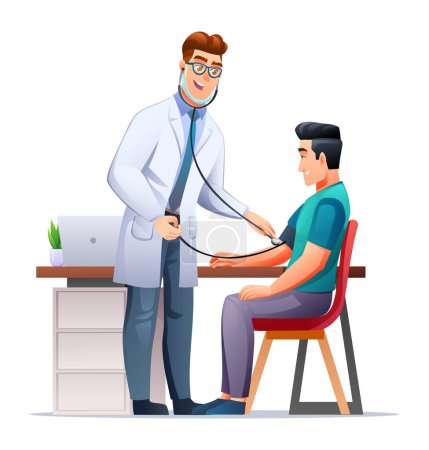 Illustration for Doctor measuring blood pressure to patient. Healthcare medical examination concept. Vector cartoon character illustration - Royalty Free Image